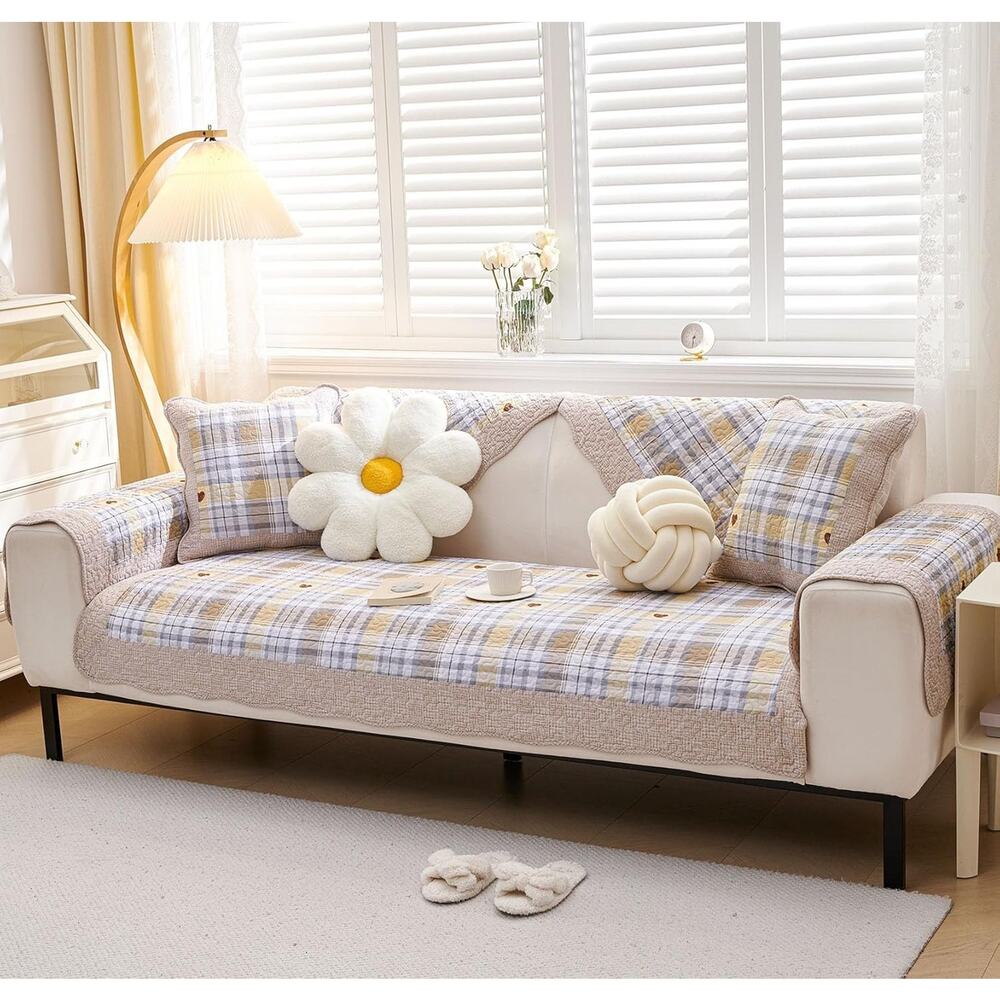 vctops Farmhouse Buffalo Check Plaid Cotton Sofa Couch Cover Patchwork Quilted - Picture 5 of 5